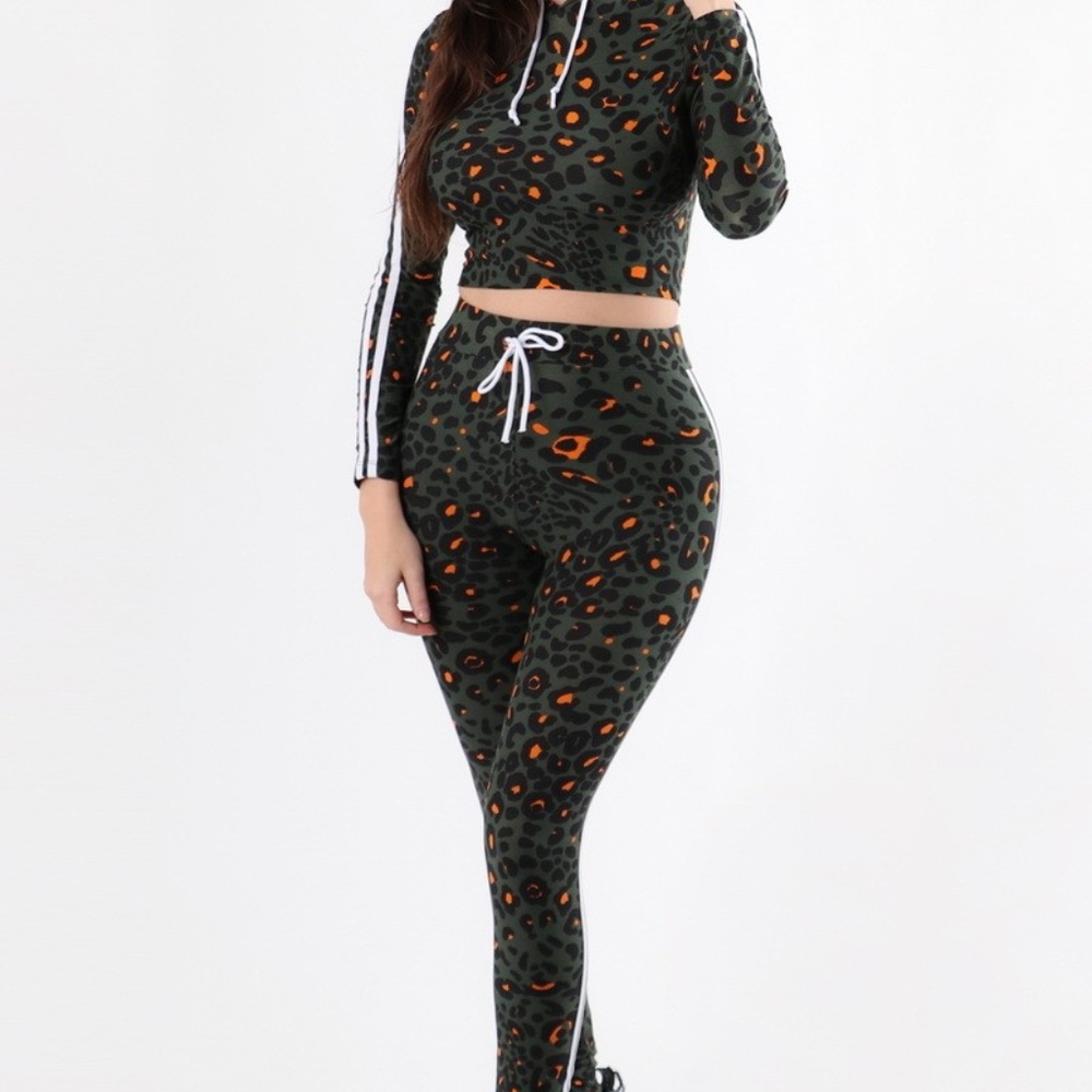 NWT Women's Leopard Print Long Sleeve crop top 2 piece set medium